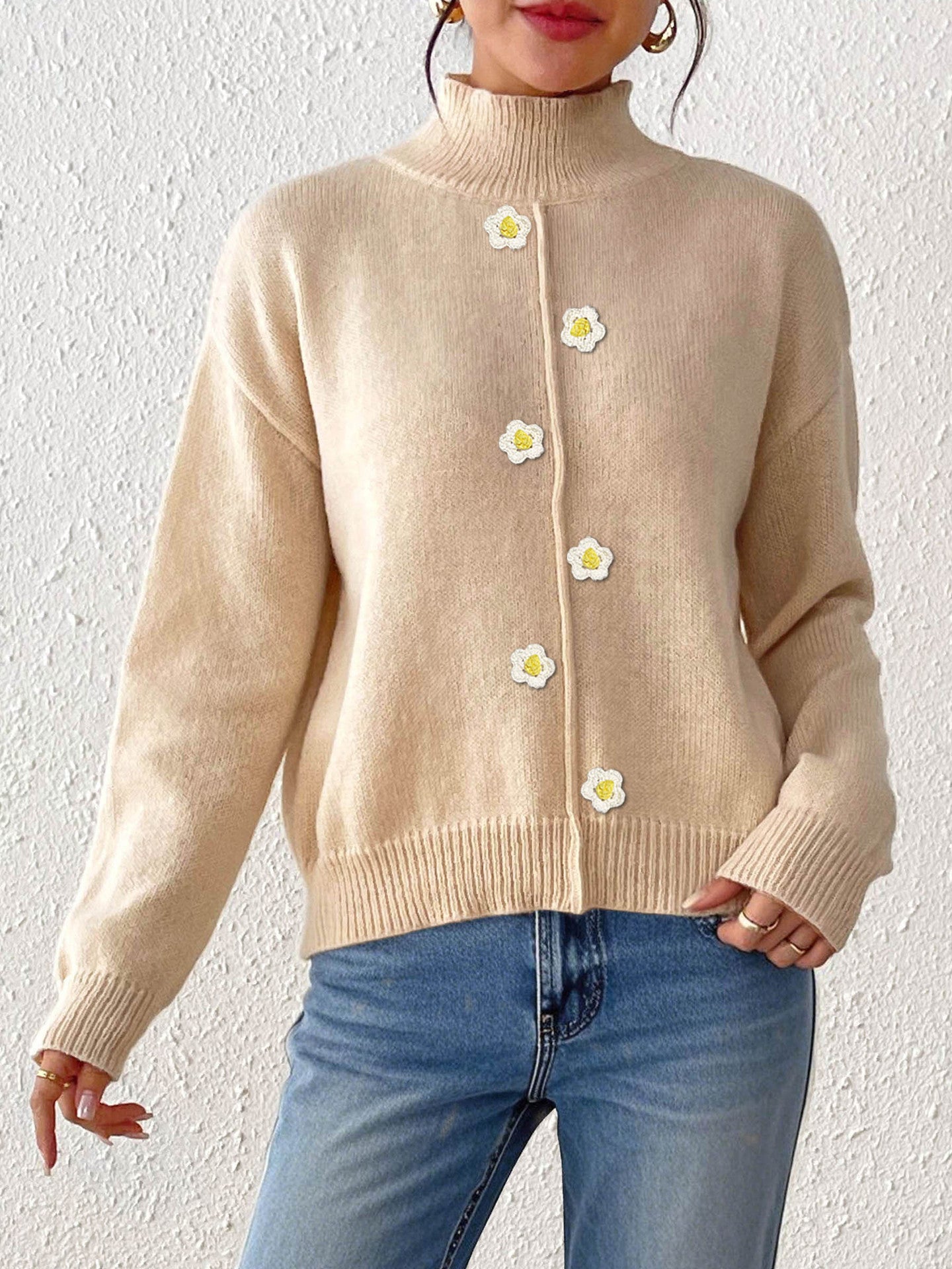 Women Clothing Half Turtleneck Pullover Three Dimensional Crocheted Decorative Bottoming Shirt Sweater