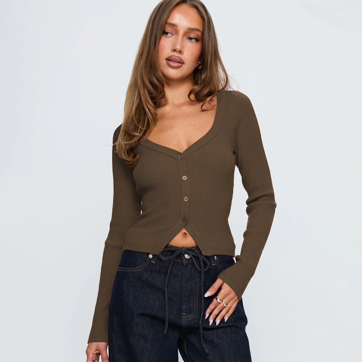 Women Fall Winter V neck Long Sleeve Ribbed Button Cardigan Slim Fit