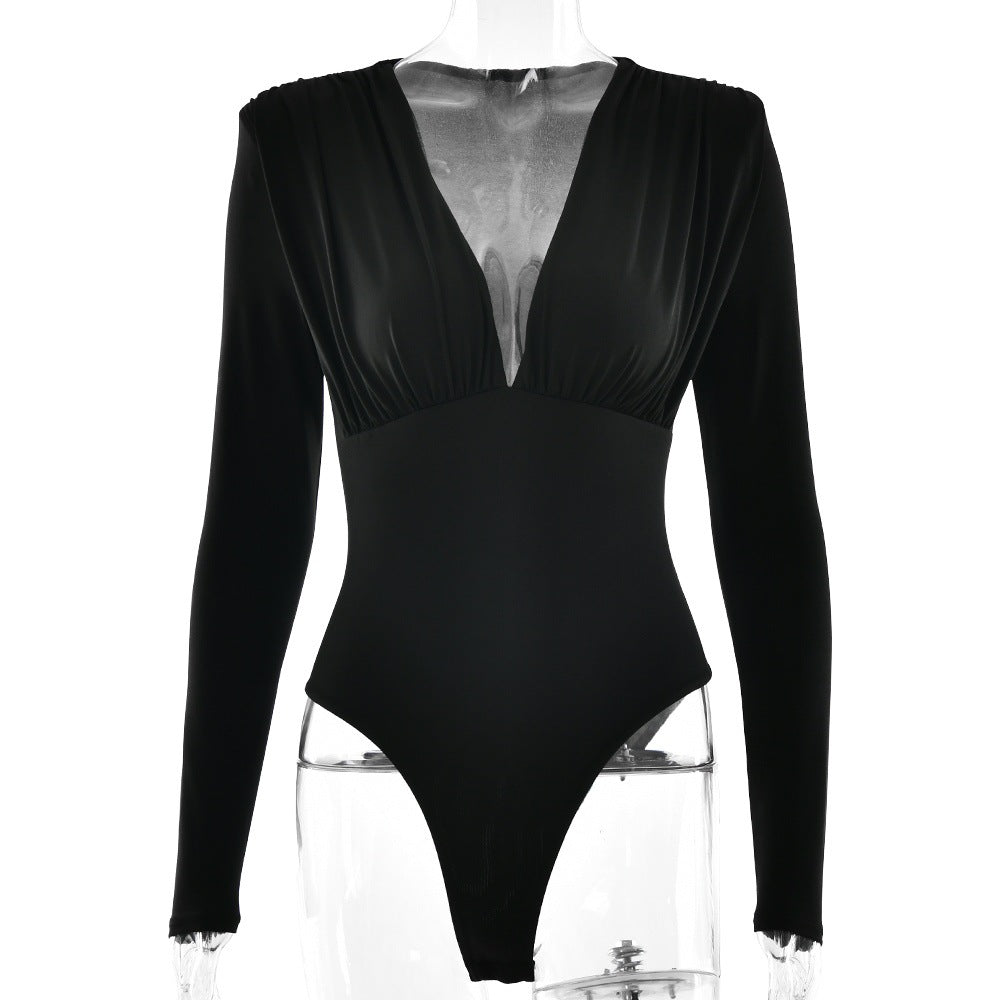 Women Deep V Plunge neck Long Sleeved Bottoming Shirt Fashionable All Match Elegant Bodycon Jumpsuit Autumn