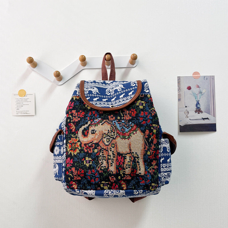Retro Ethnic Drawstring Backpack – Elephant Embroidery Flap Closure, Bohemian Travel Daypack