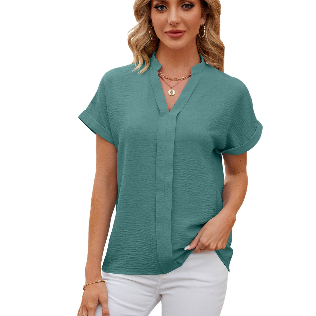 Spring Summer Solid Color V neck Short Sleeve Shirt Loose Casual Chiffon Shirt