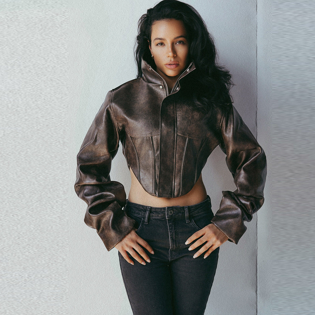 Autumn Winter Slim Slimming High Collar Solid Color Zipper Short Faux Leather Coat Women Clothing