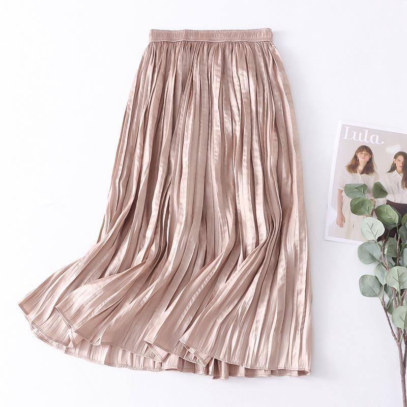 Autumn Willow Pleated Skirt Women Korean High Waist Satin Elegant Big Hem A line Skirt