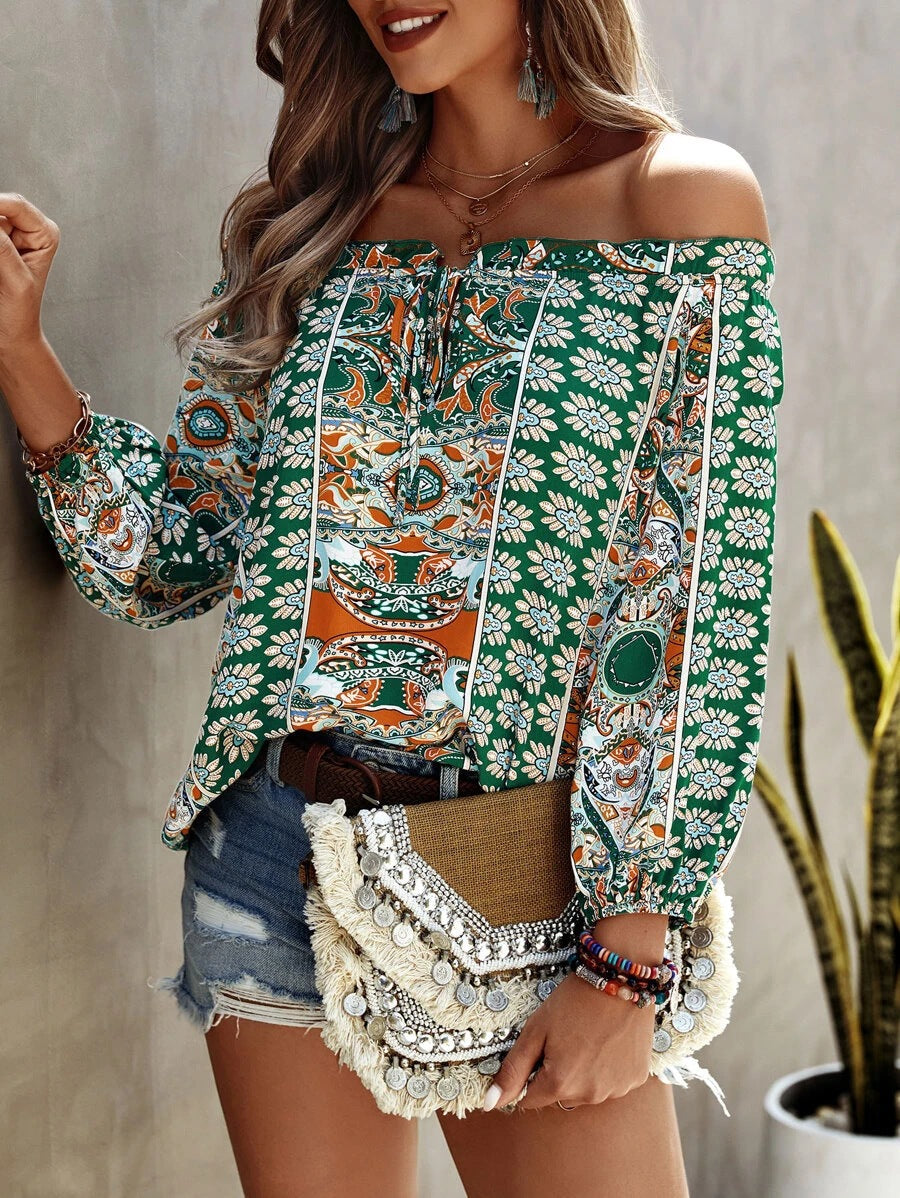 Bohemian Summer Floral Print off Shoulder Lotus Leaf Trim Knot Front Shirt