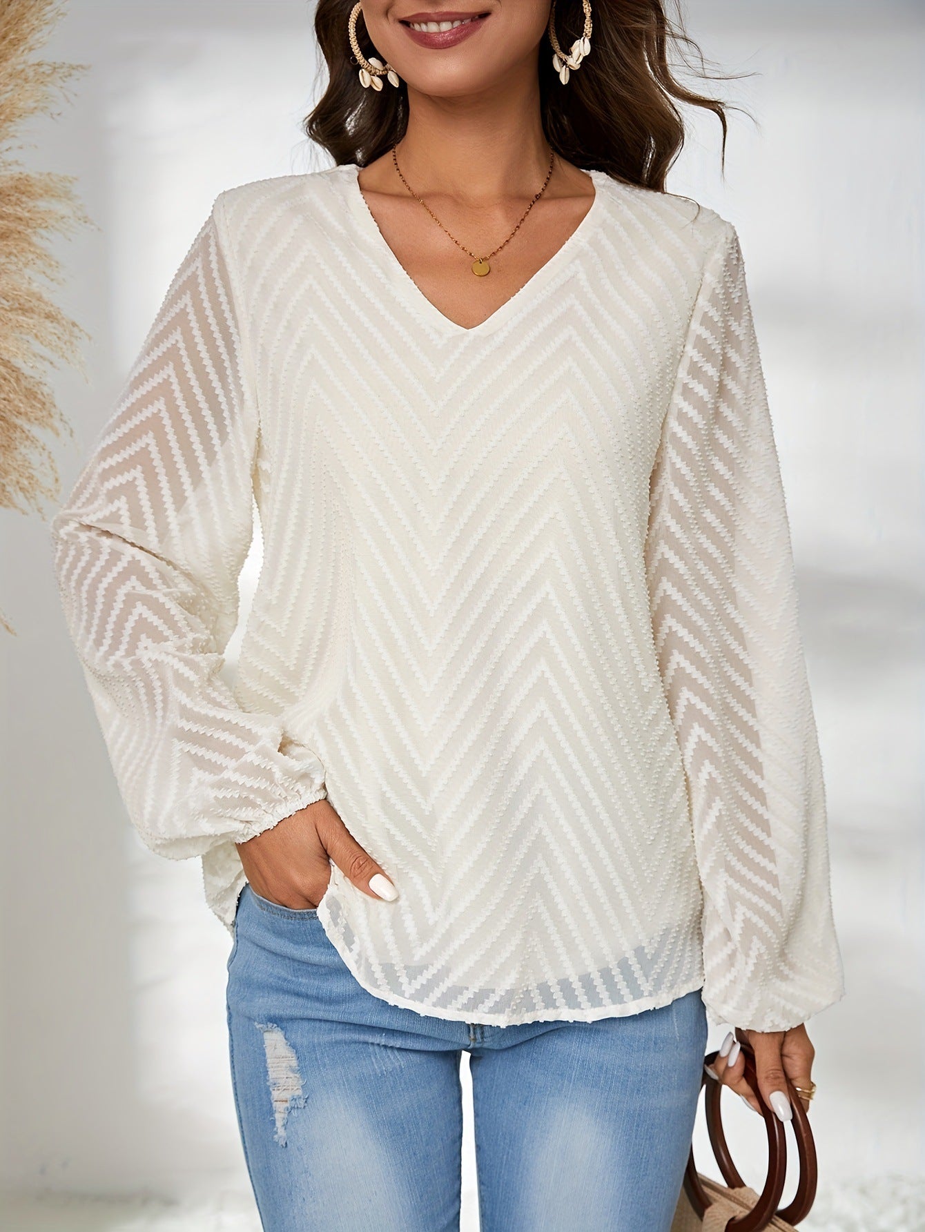 Spring Autumn Women Clothing Fall Winter V neck Geometric Abstract Jacquard Lantern Long Sleeve Shirt Top