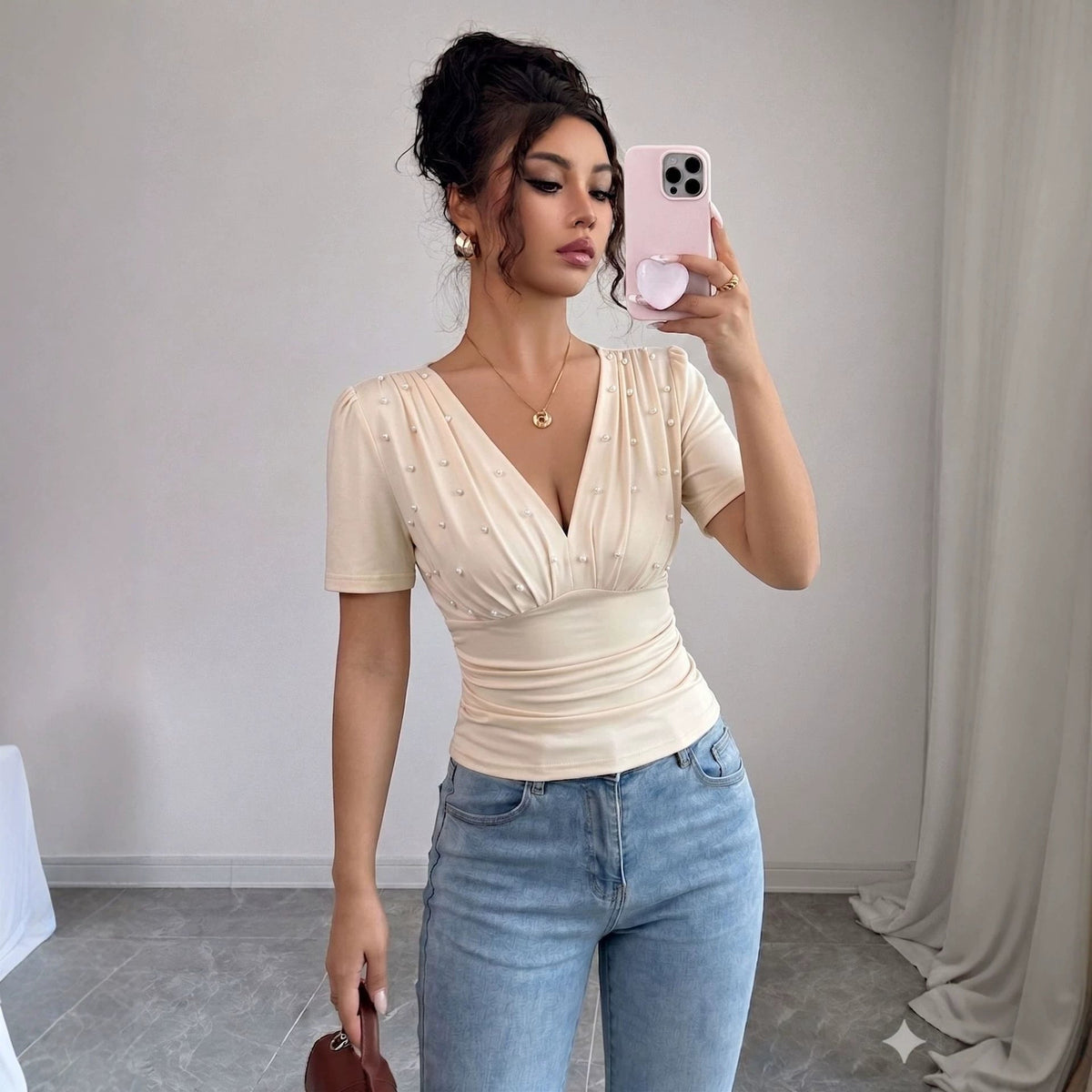 Summer V neck Handmade Pearl Solid Color Short Sleeve Slim T shirt Women