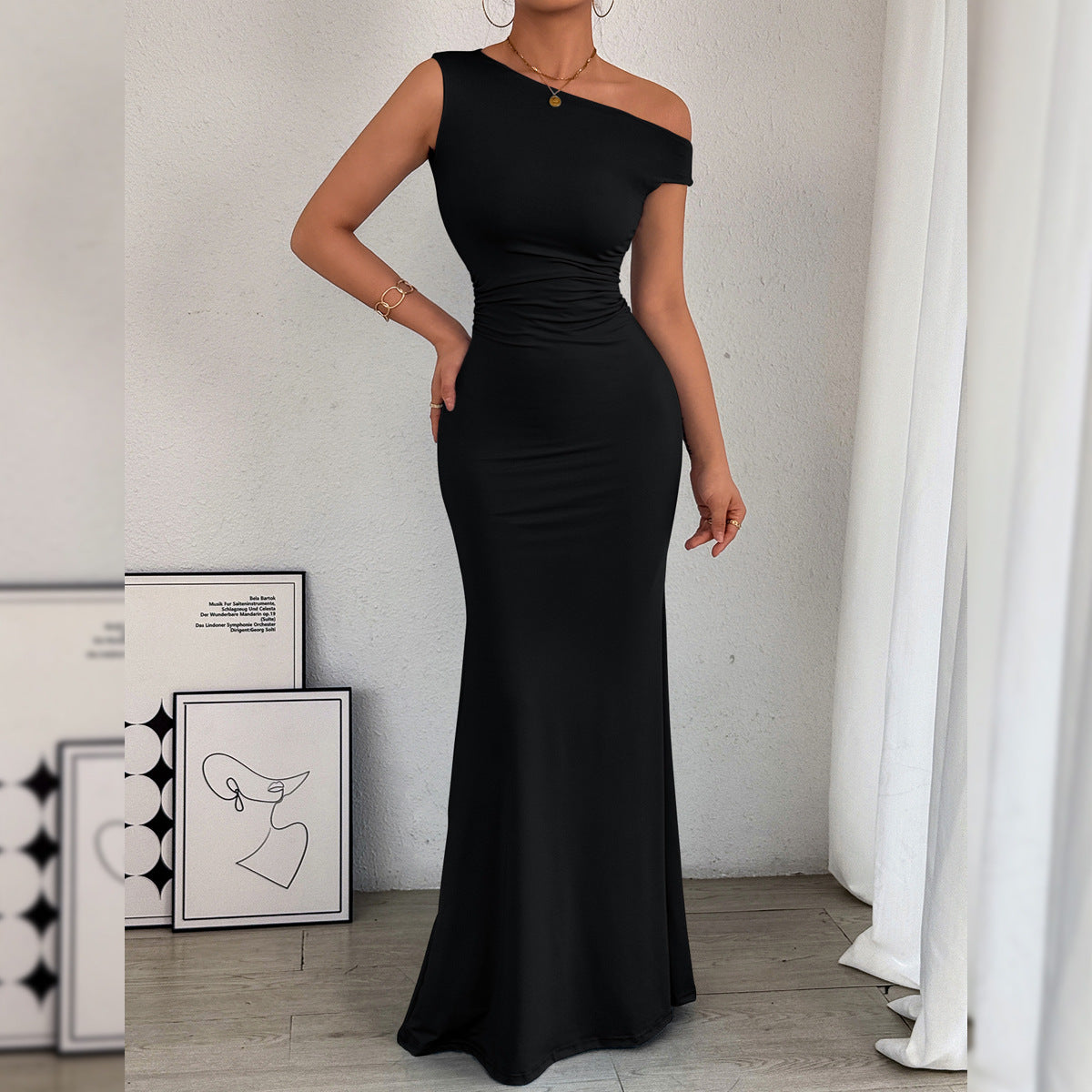 Women Fishtail Dress Slant Shoulder Collar Waist Pleated Sleeveless Sexy Dress