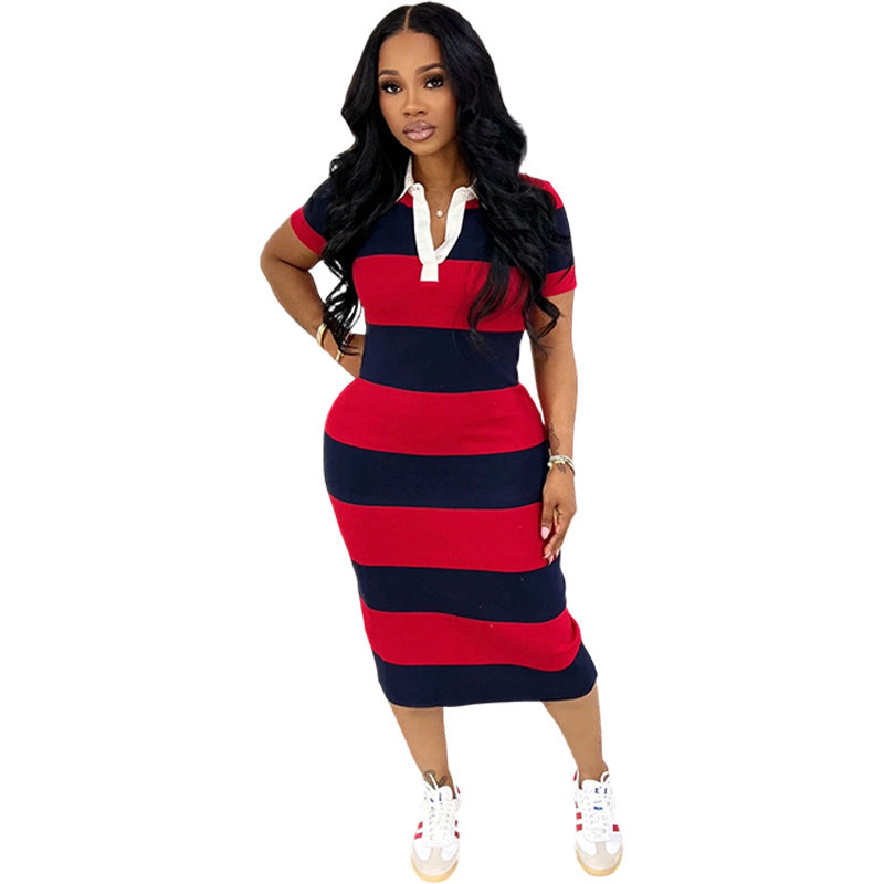 Women Clothing Spring Summer Polo Collar Contrast Color Slim Fit Split Dress