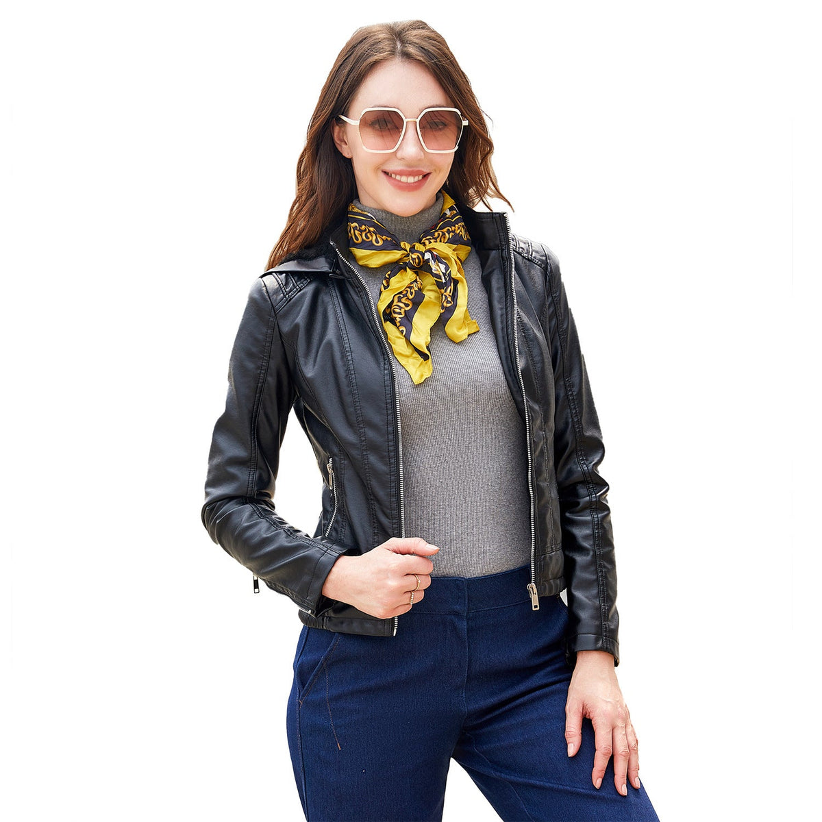 Fall Winter Hooded Leather Coat Women's Detachable Hat Long Sleeve Zipper Fleece-Lined Leather Jacket Slim Coat