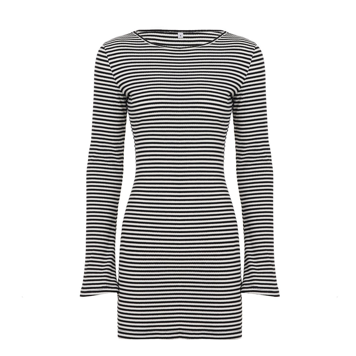 Striped Long Sleeve Slim Dress Women Sexy Flare Sleeve Casual Knitted Sheath Dress
