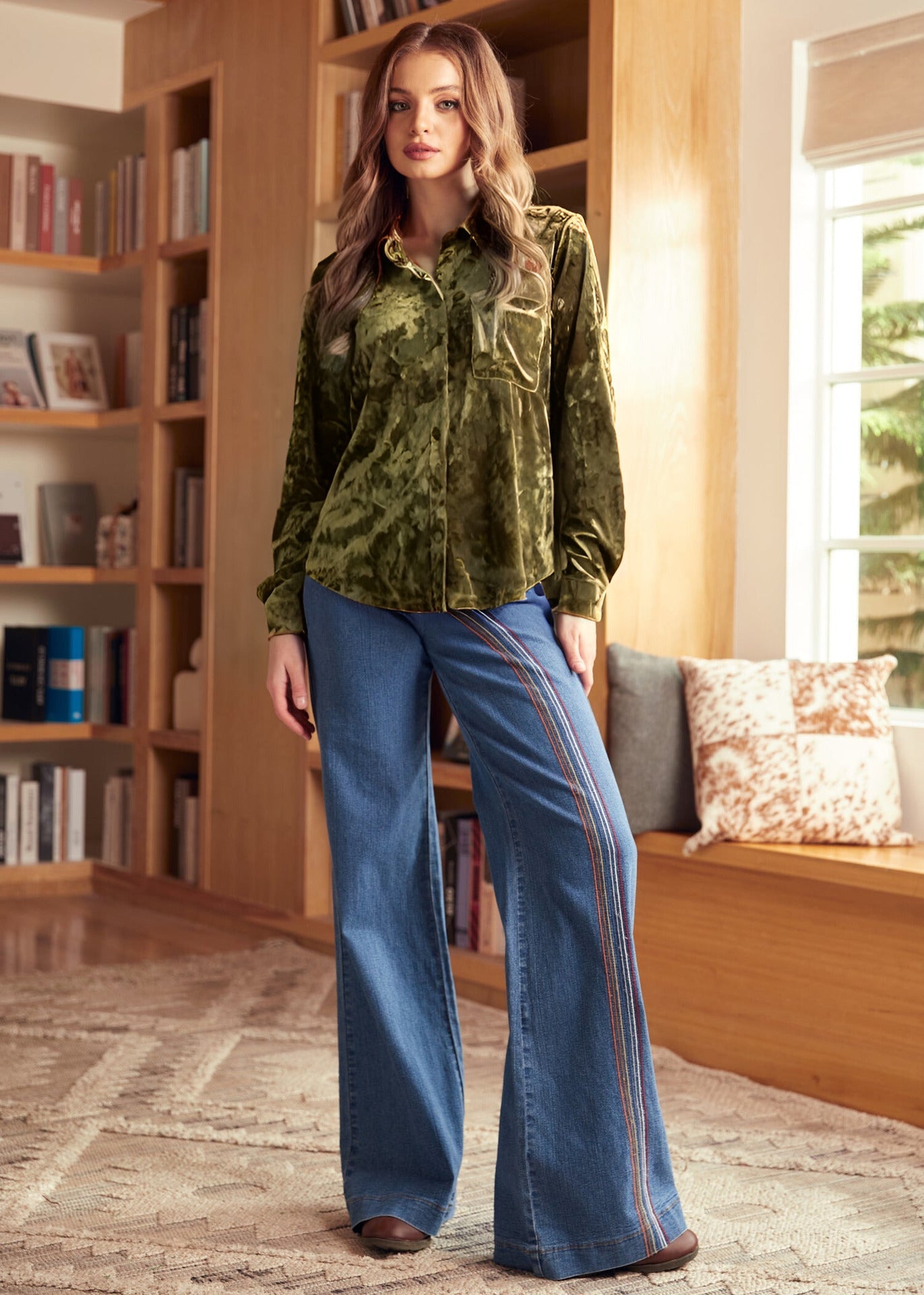 Retro Loose Diamond Velvet Shirt Autumn Winter Solid Color Polo Collar Button Long Sleeve Shirt for Women