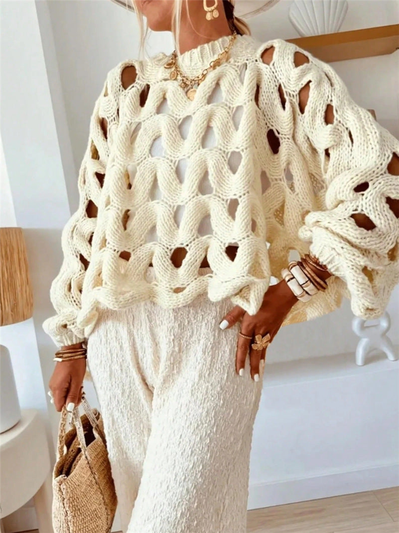 Women asual Solid Color Casual Vacation Beach Hollow Out Cutout-out Hook Floral Long Sleeve Sweater Pullover
