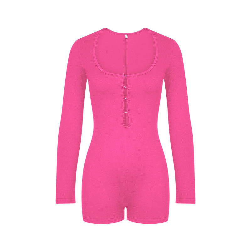 Jumpsuit Solid Color Basic Hollow Out Cutout Slim Long Sleeve Jumpsuit Women