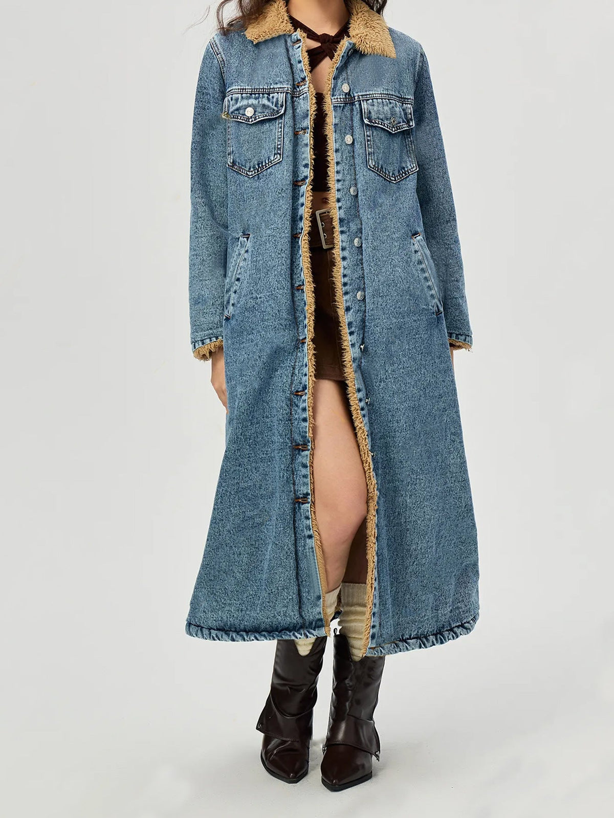Women Clothing Loose Long Velvet Lining Cotton Padded Coat Denim Coat