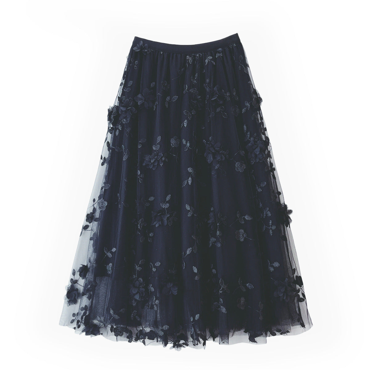 Mesh Embroidered Skirt Gentle Mid Length Skirt Three Dimensional Floral Heavy Work Gauze Skirt Fresh Fairy Dress