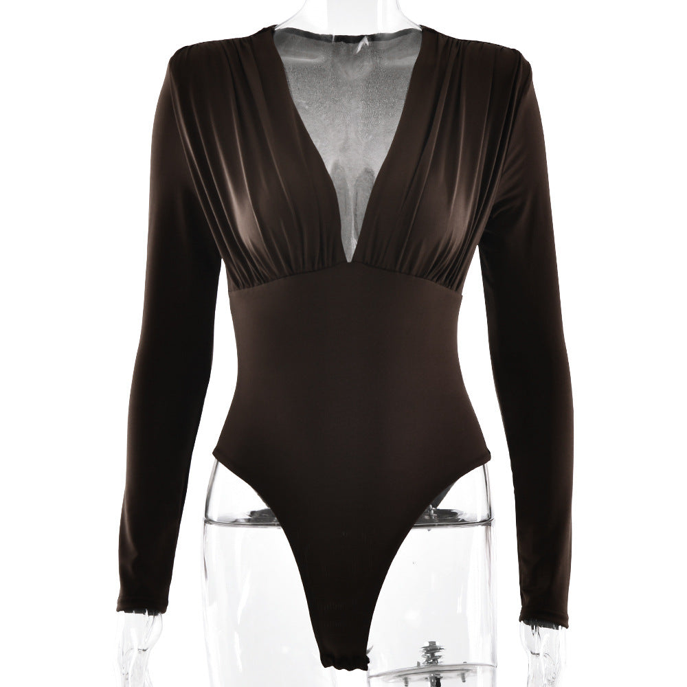 Women Deep V Plunge neck Long Sleeved Bottoming Shirt Fashionable All Match Elegant Bodycon Jumpsuit Autumn