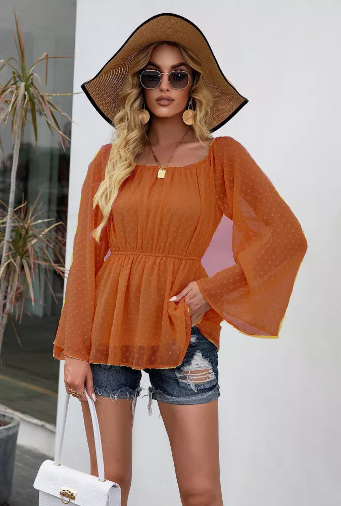 Mature Elegant Pullover Long Sleeve Square-Neck off-Neck Slim Shirt for Women