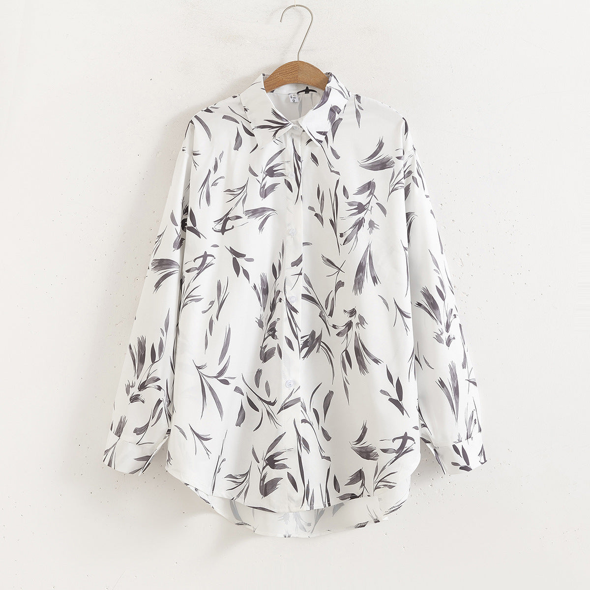 Women Floral Print Loose Collared Long Sleeves Shirt Washable ink print blouse