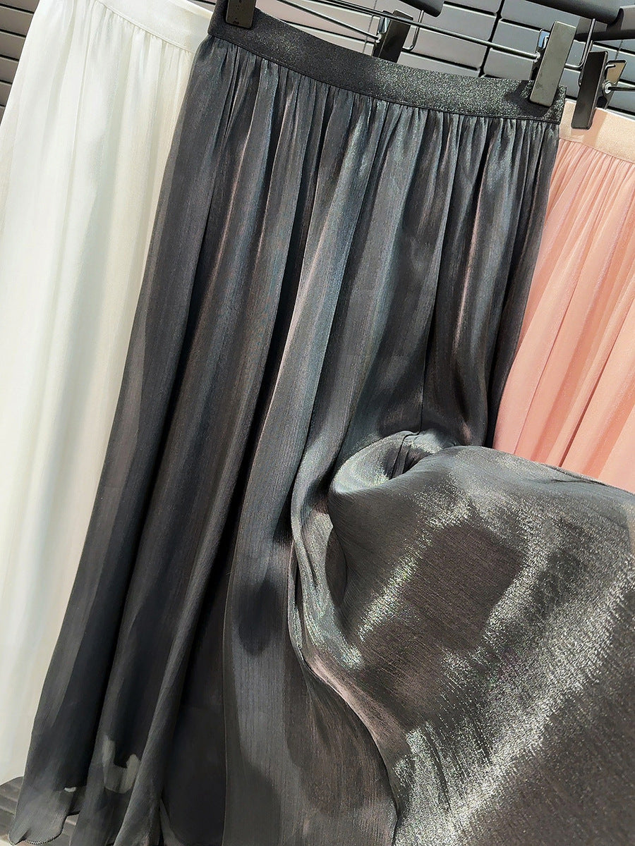 High Grade Streamer Tulle Skirt High Waist A line Skirt Summer Chiffon Western Slimming Large Hem Umbrella Skirt