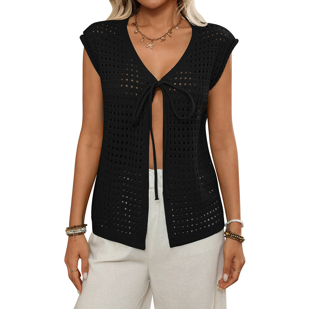 Women Clothing Hollow Out Cutout out Sweater Short Sleeved Knitted Cardigan Holiday Lace up Blouse