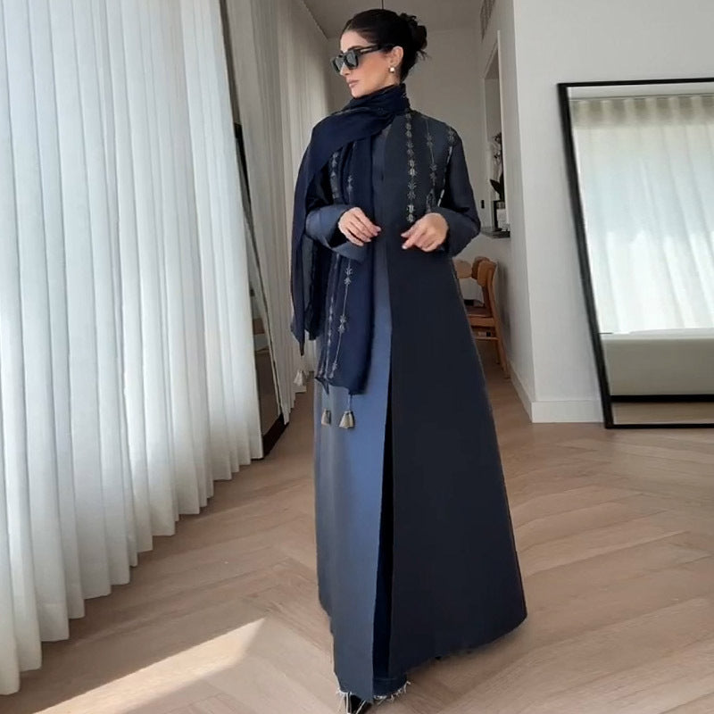 British Retro Motorcycle Embroidered Coat Mid Length Robe Trench Coat