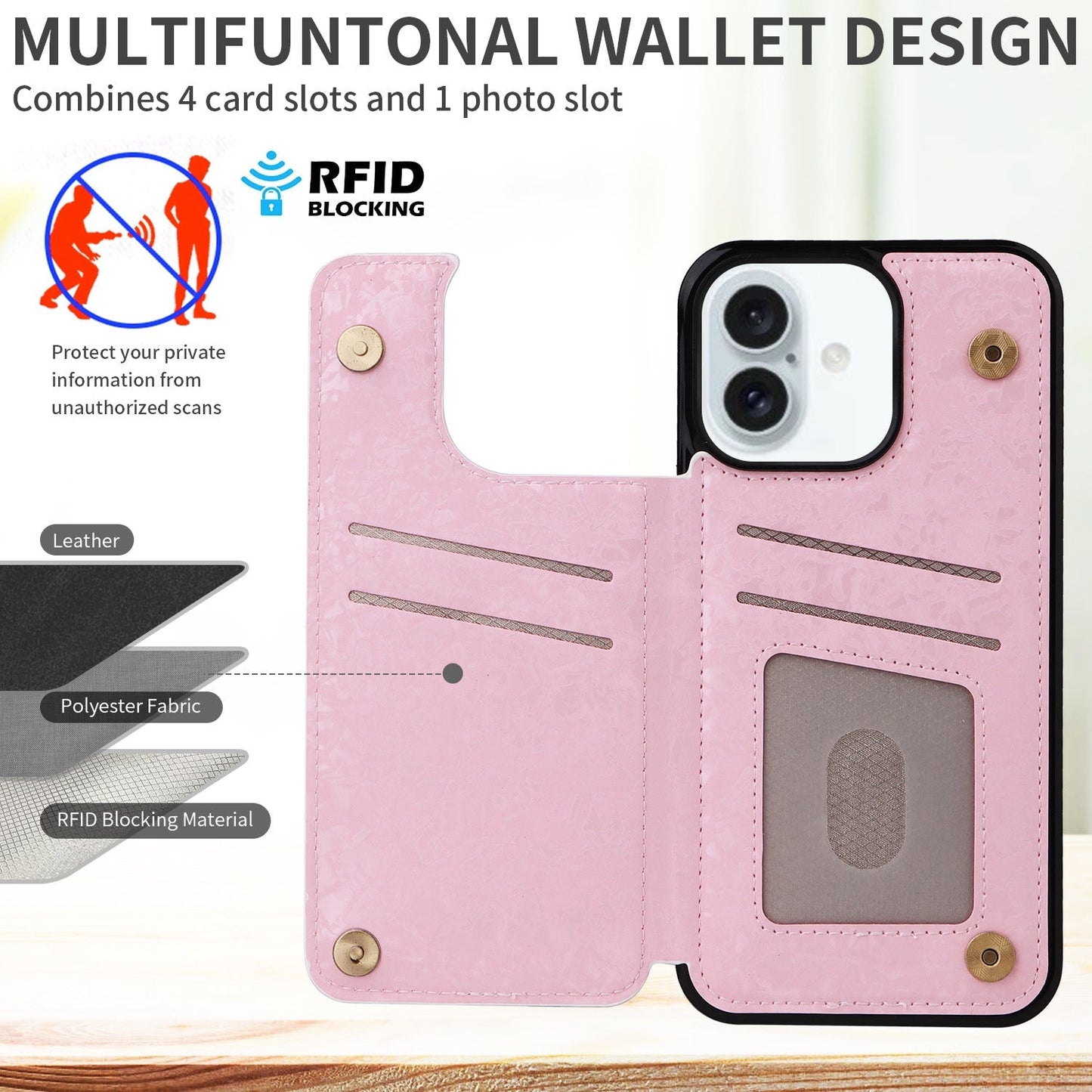 Phone Wallet For Apple 16 painted double buckle four-insert card wallet case 16pro max all-inclusive anti-drop case protective cover