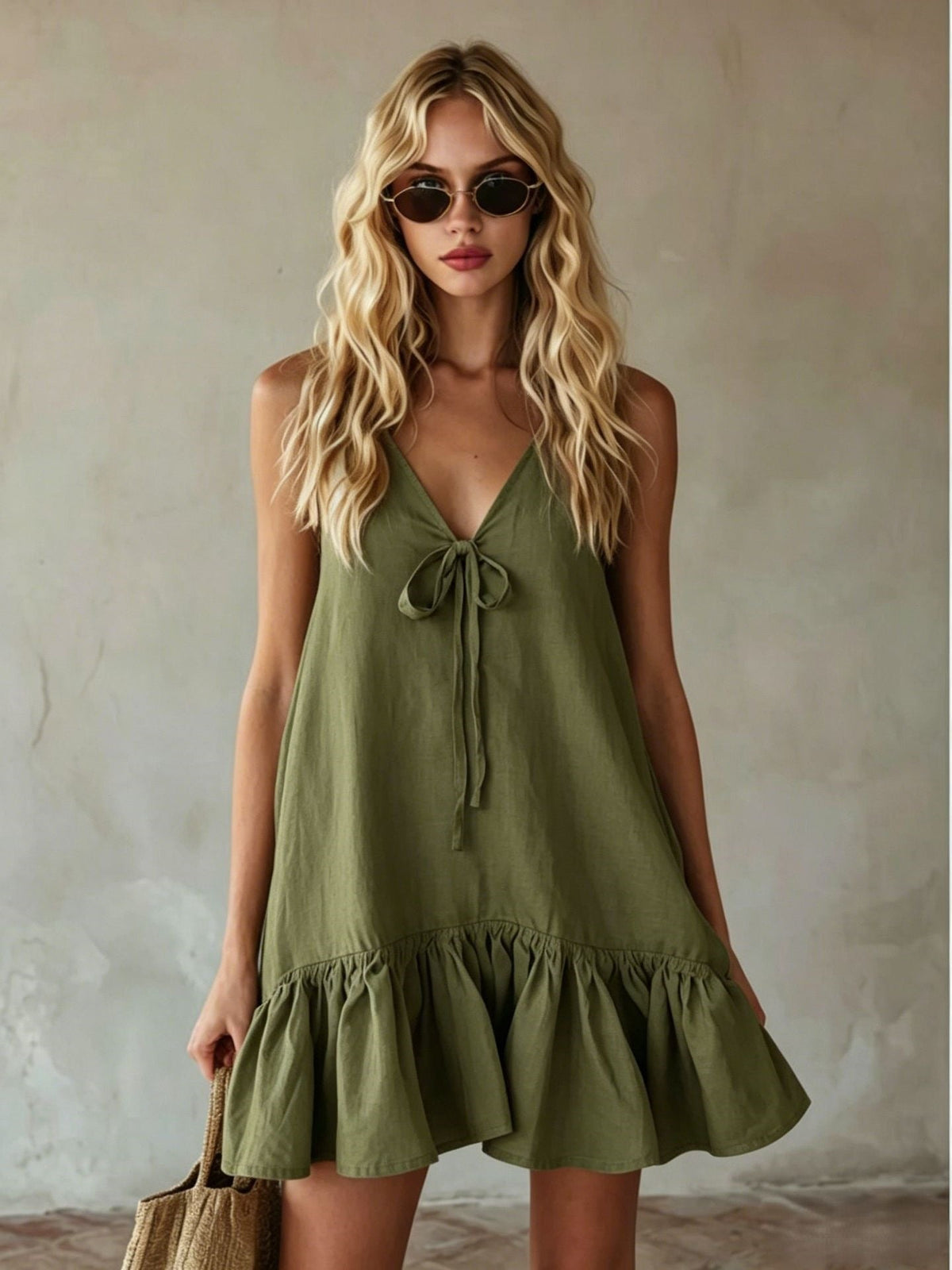 Summer Retro Vacation V neck Sleeveless Ruffled Loose Dress