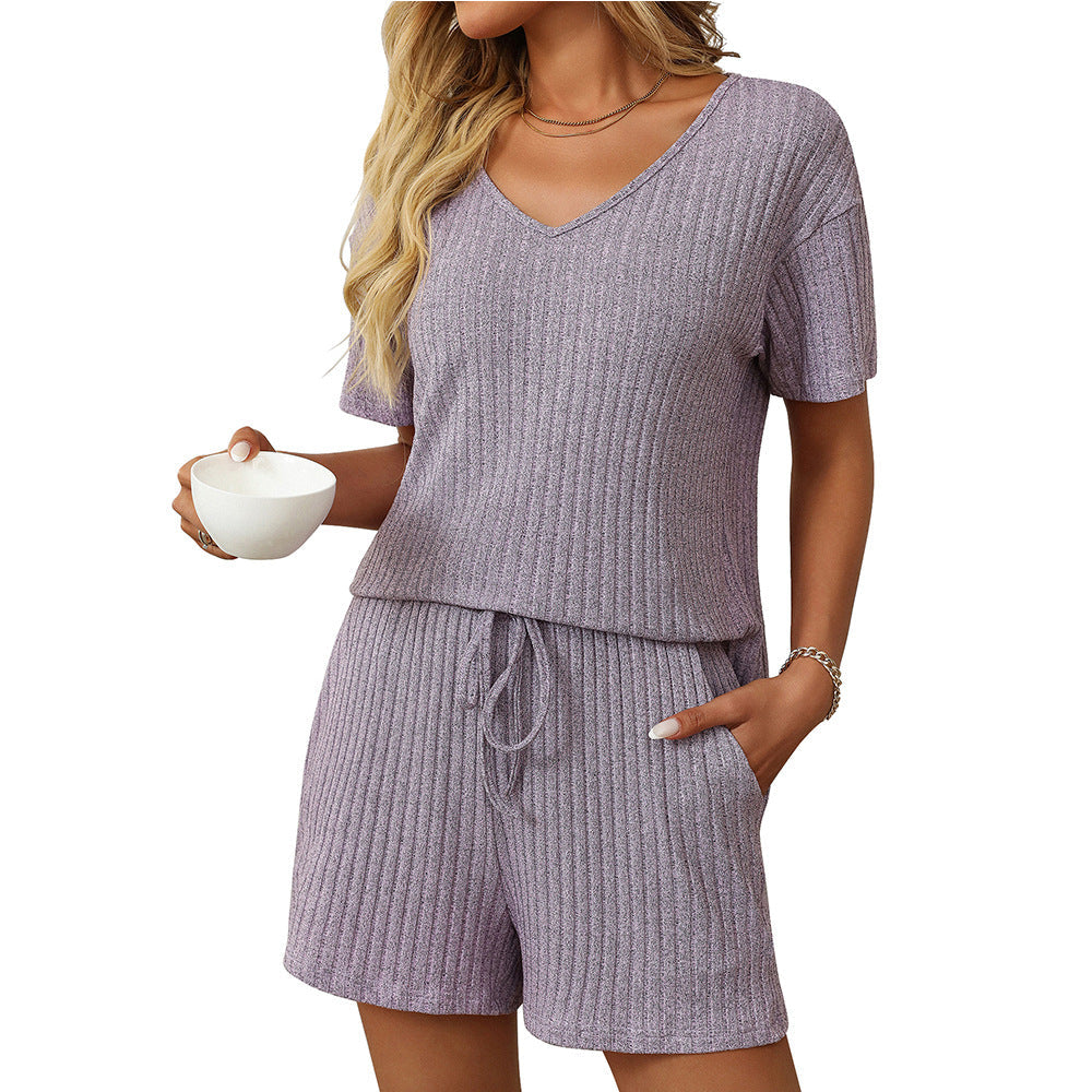Women Clothing Summer Solid Color Rib Fabric Short Sleeved Two Piece Pant Sets