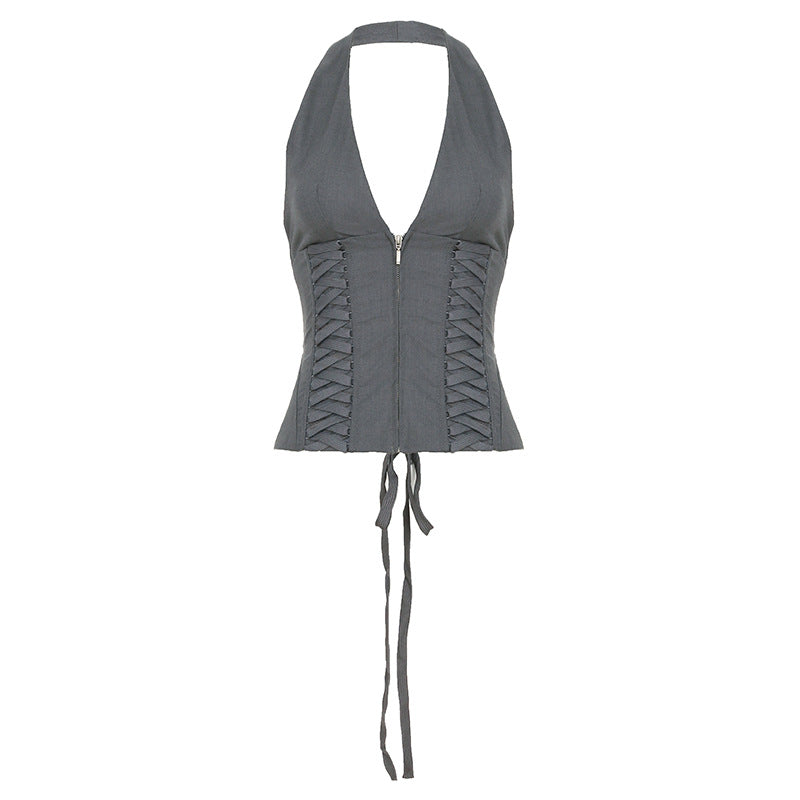 Urban Cotton Blend Halter Deep V Plunge Zipper Vest Shorts Set Strap Bra Two Piece Sets