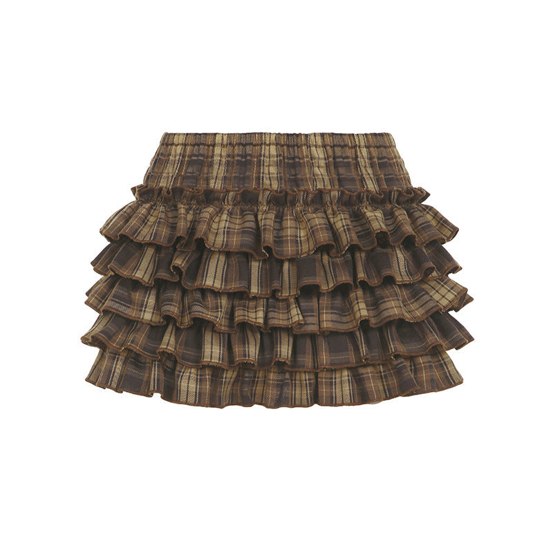 Korean Sweet Girl Preppy Plaid Puff Sleeve Shirt Irregular Asymmetric Hem Waist Slimming Single Breasted Cardigan Top Skirt Sets