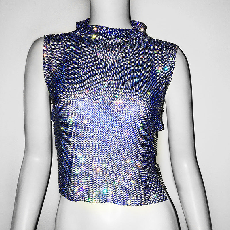 Women Clothing Full Diamond Vest Luxury Turtleneck Rhinestone Top Sexy Nightclub Sexy Vest