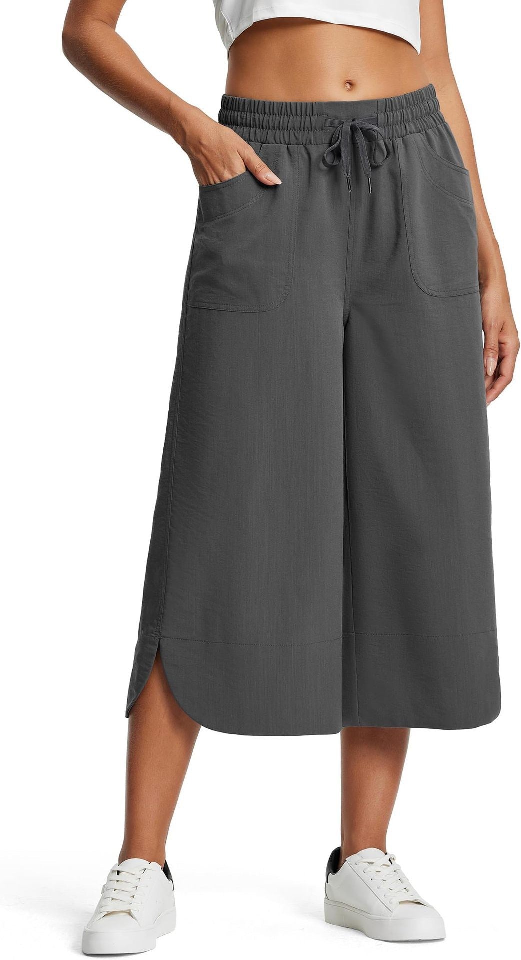 Spring Summer Elastic Waist Solid Color Wide Leg Loose Casual Cropped Pants for Women