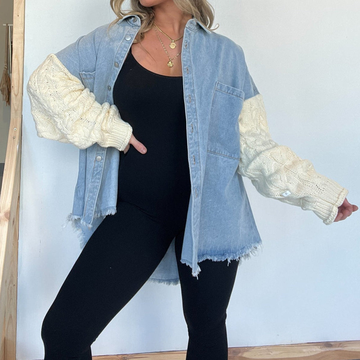 Loose Stitching Sweater Sleeve Denim Woolen Women Coat