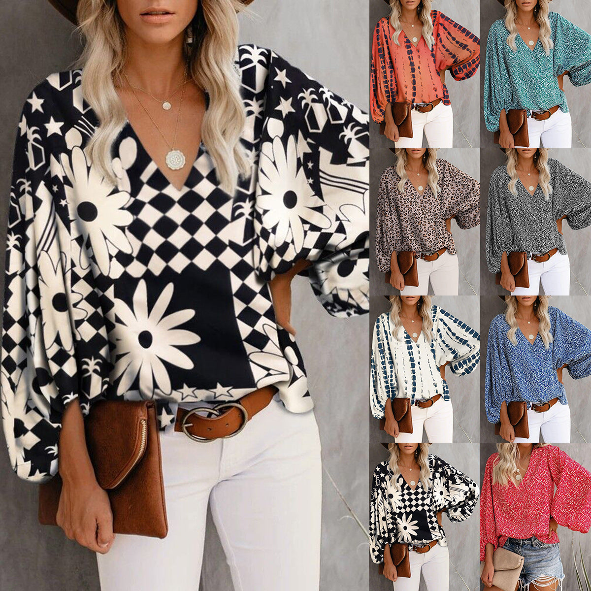 Spring Summer Women V-neck Lantern Sleeve Printed Long-Sleeved Top