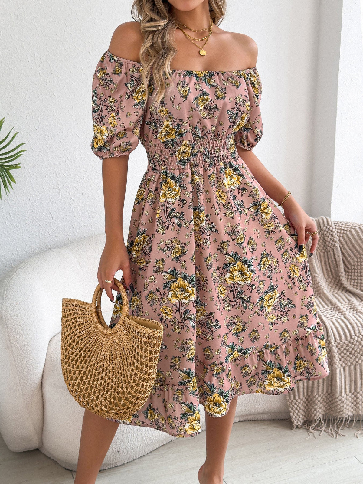 Spring Summer Off shoulder Short sleeved Floral Ruffled Vacation One piece Dress Independent Site Women Clothing