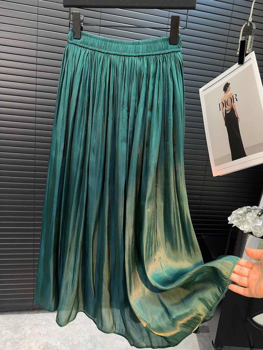 High Grade Glossy Pearlescent Chiffon Pleated Skirt Retro Fashionable Pleated Drooping Slimming High Waist A line Skirt