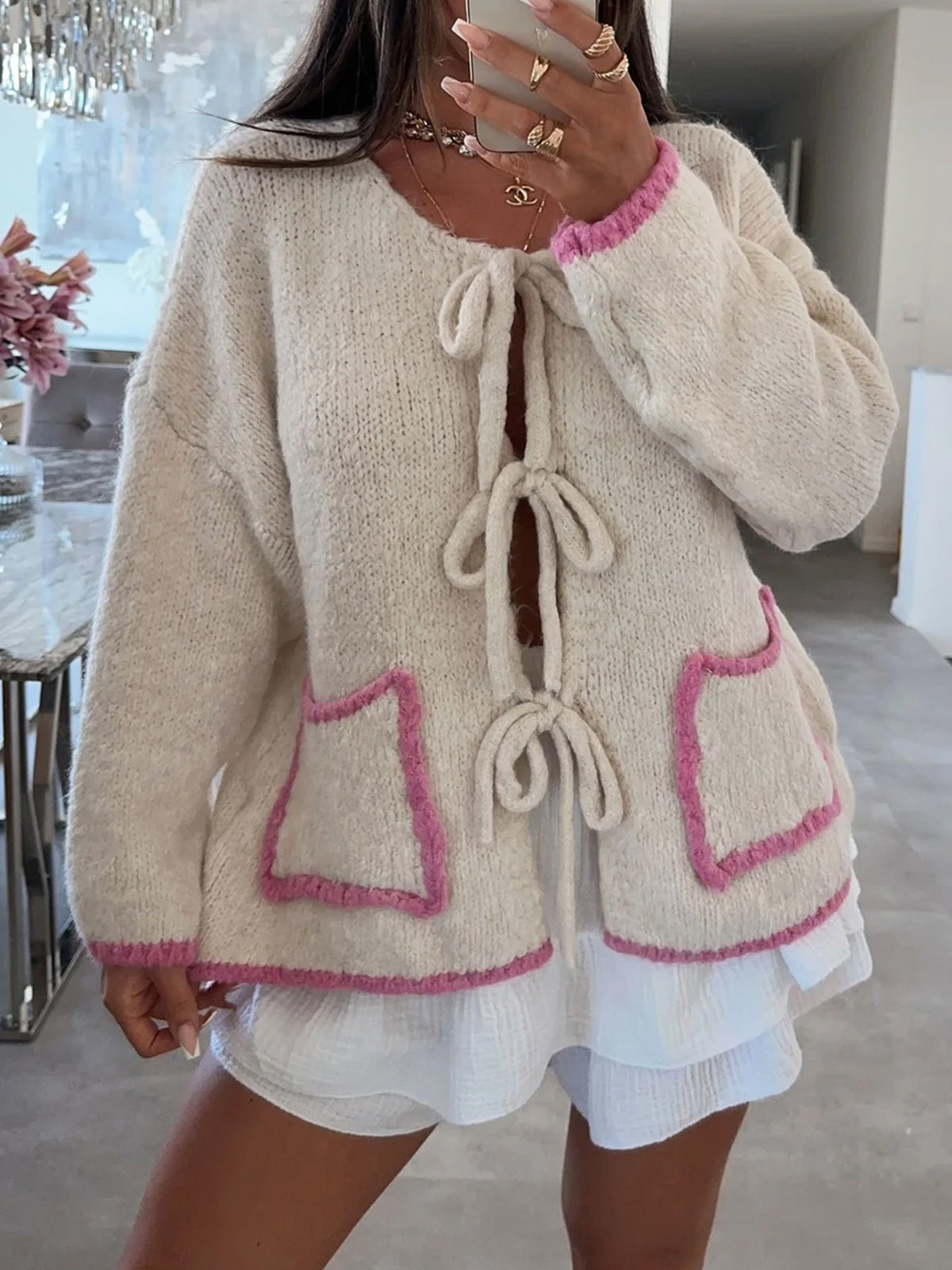 Contrast Color Bow Lace up Autumn Winter Sweater Casual Loose Long Sleeve Pocket Knitwear Top