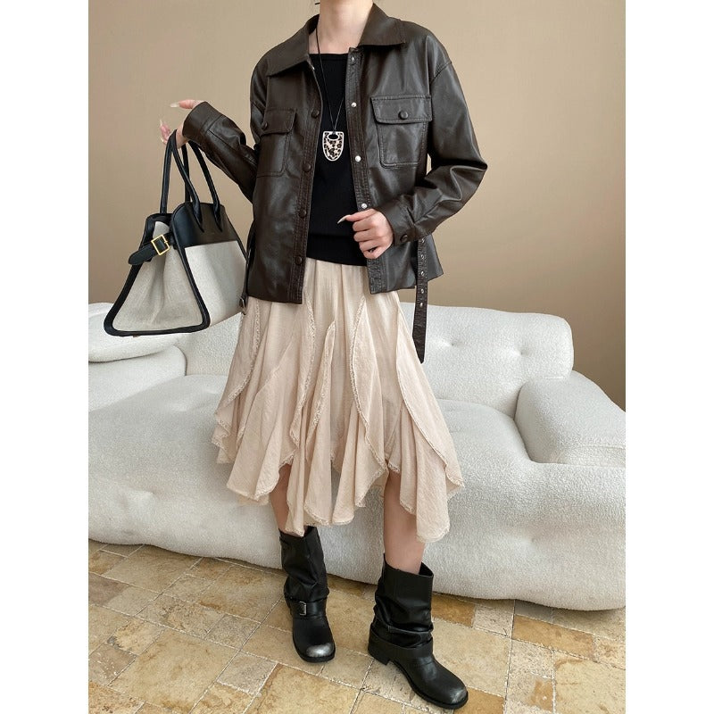 Swaying Melody Acetate Tencel Blended Elastic Waist Irregular Asymmetric Lace Stitching Skirt