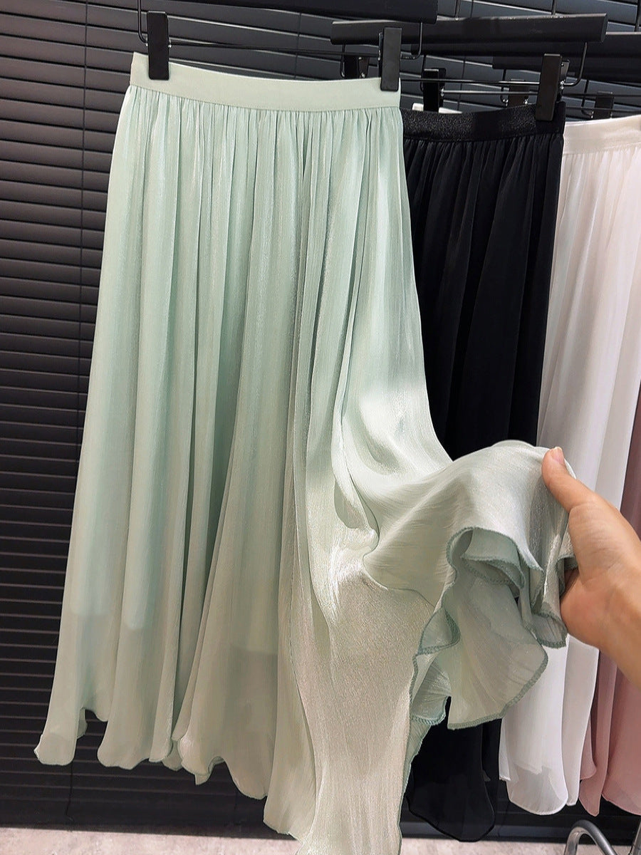 High Grade Streamer Tulle Skirt High Waist A line Skirt Summer Chiffon Western Slimming Large Hem Umbrella Skirt