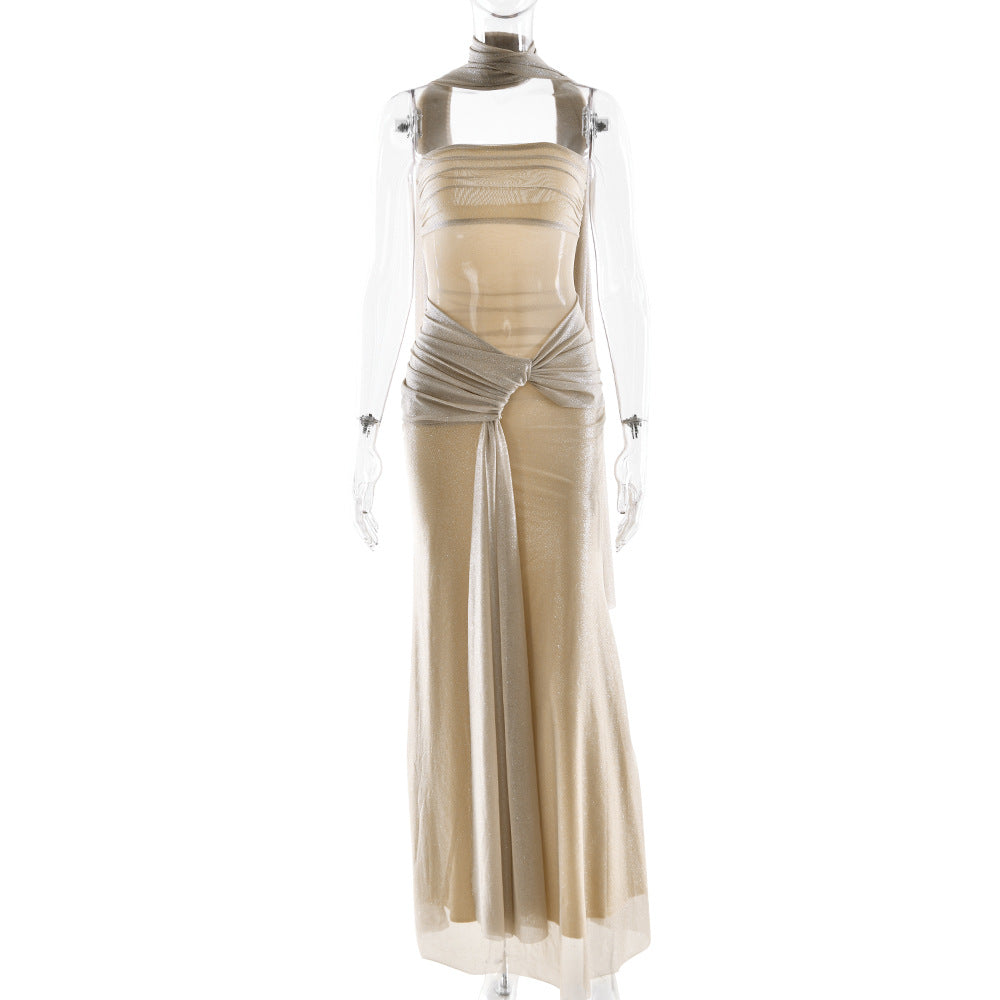 Cocktail Evening Dress Sexy Elegant Tube Top off Neck Slim Silver Dress for Women