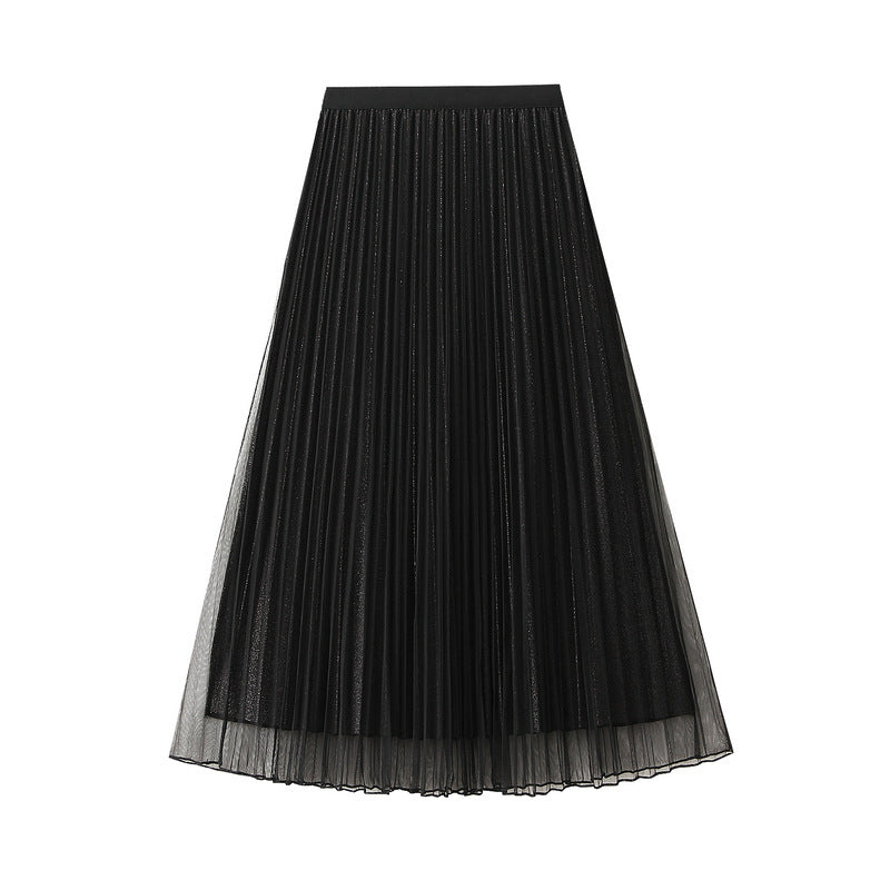 Women Autumn Mid Length Elastic Waist Mesh Skirt Reverse High Waist Slimming Pleated Skirt