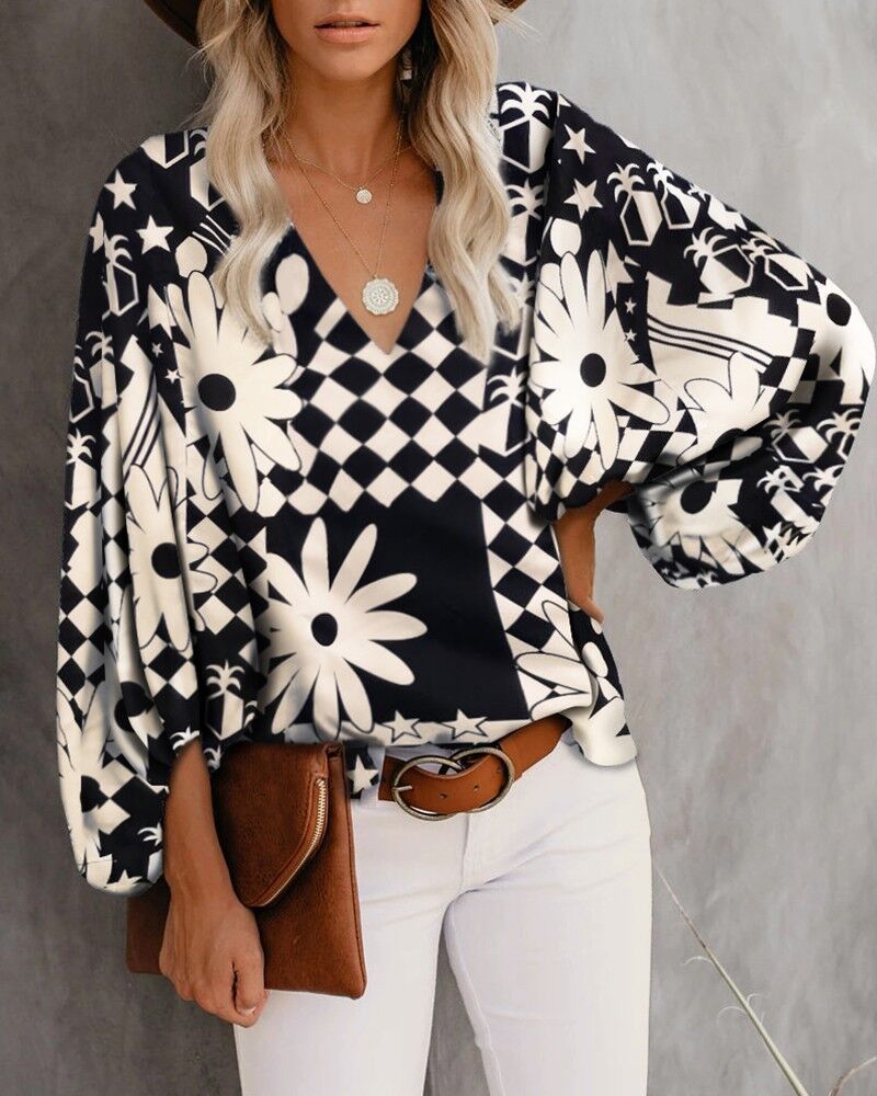 Spring Summer Women V-neck Lantern Sleeve Printed Long-Sleeved Top