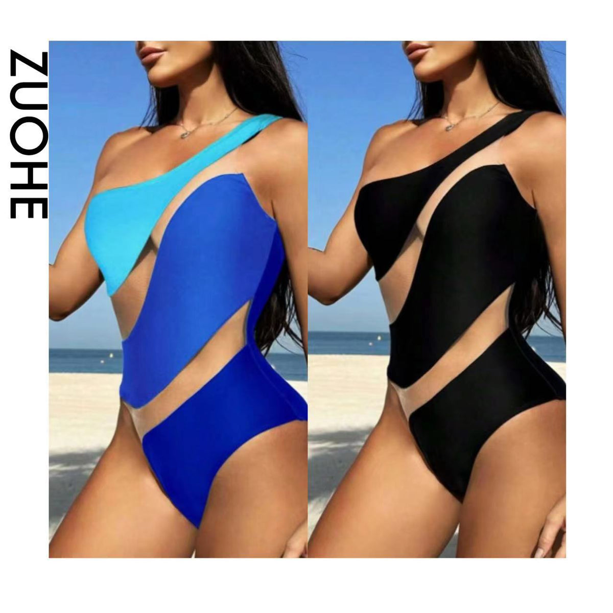 Sexy Tight Mesh Stitching Hollow Shoulder One-piece Women's Swimsuit Bikini