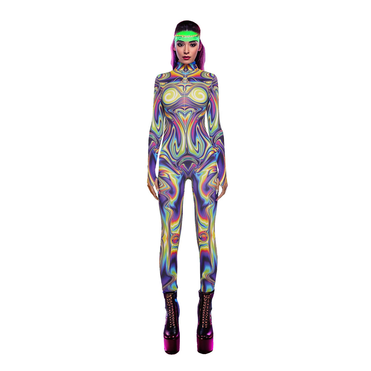 Women Clothing Y2g Printing Finger Fit Design Zipper Stretch Slim Fit Bodysuit