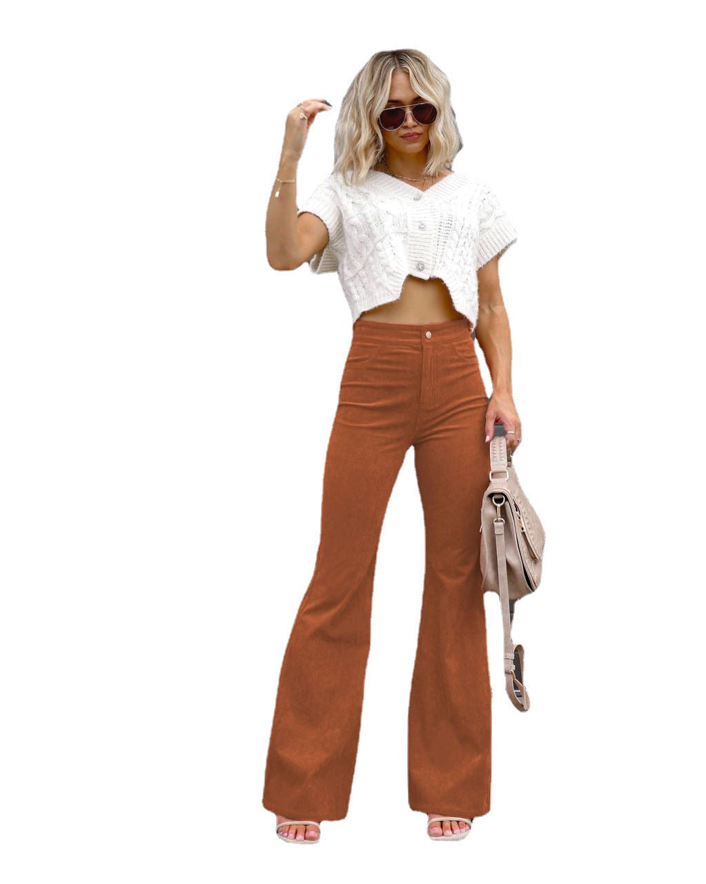 Autumn Solid Color Corduroy Elegant Women Trousers Bootcut Trousers High Waist Casual Pants