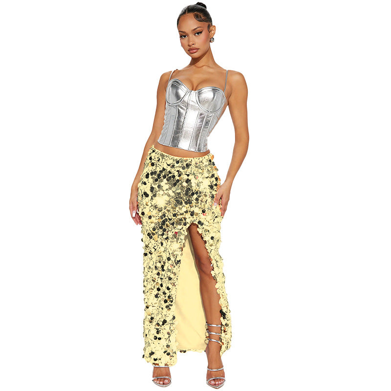 Sexy Women Wear Dress Sequin Dress Women Dress Slit Half Length Sequin Maxi Dress