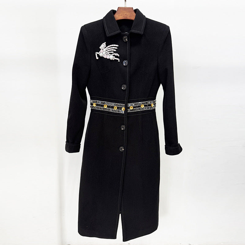 Autumn Winter Star Heavy Industry Beads Diamond Badge Woolen Coat Woolen Coat