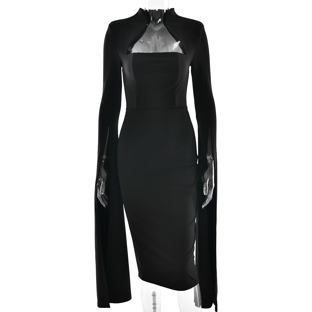Women Elegant Dress Sexy Long Sleeve Split Ribbon Evening Dress Hollow Out Cutout out Midi Dress