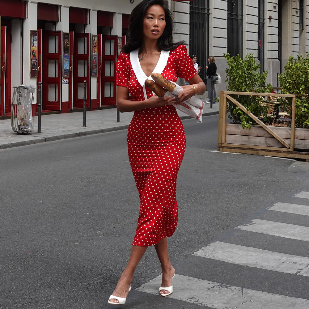Elegant Lady Polka Dot Maxi Dress Sexy V neck Half Sleeve Sheath Dress