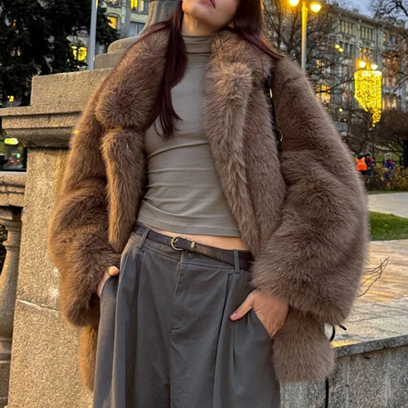 Fur Coat Women Autumn Winter Warm Collar Faux Fur Overcoat Mid-Length Fox Fur Jacket